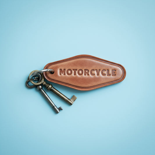 Brown leather keychain with 'Motorcycle' engraving on a wooden surface