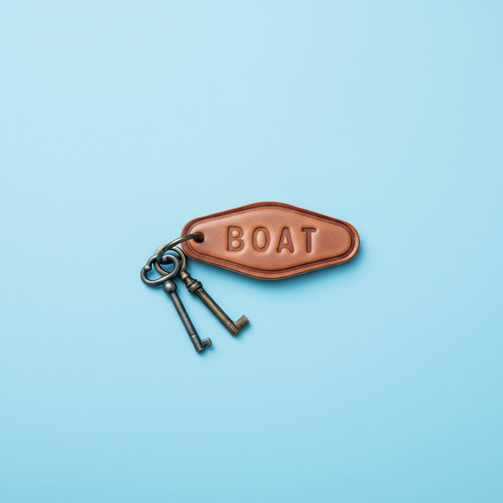 Brown leather keychain with 'BOAT' engraving on a wooden surface
