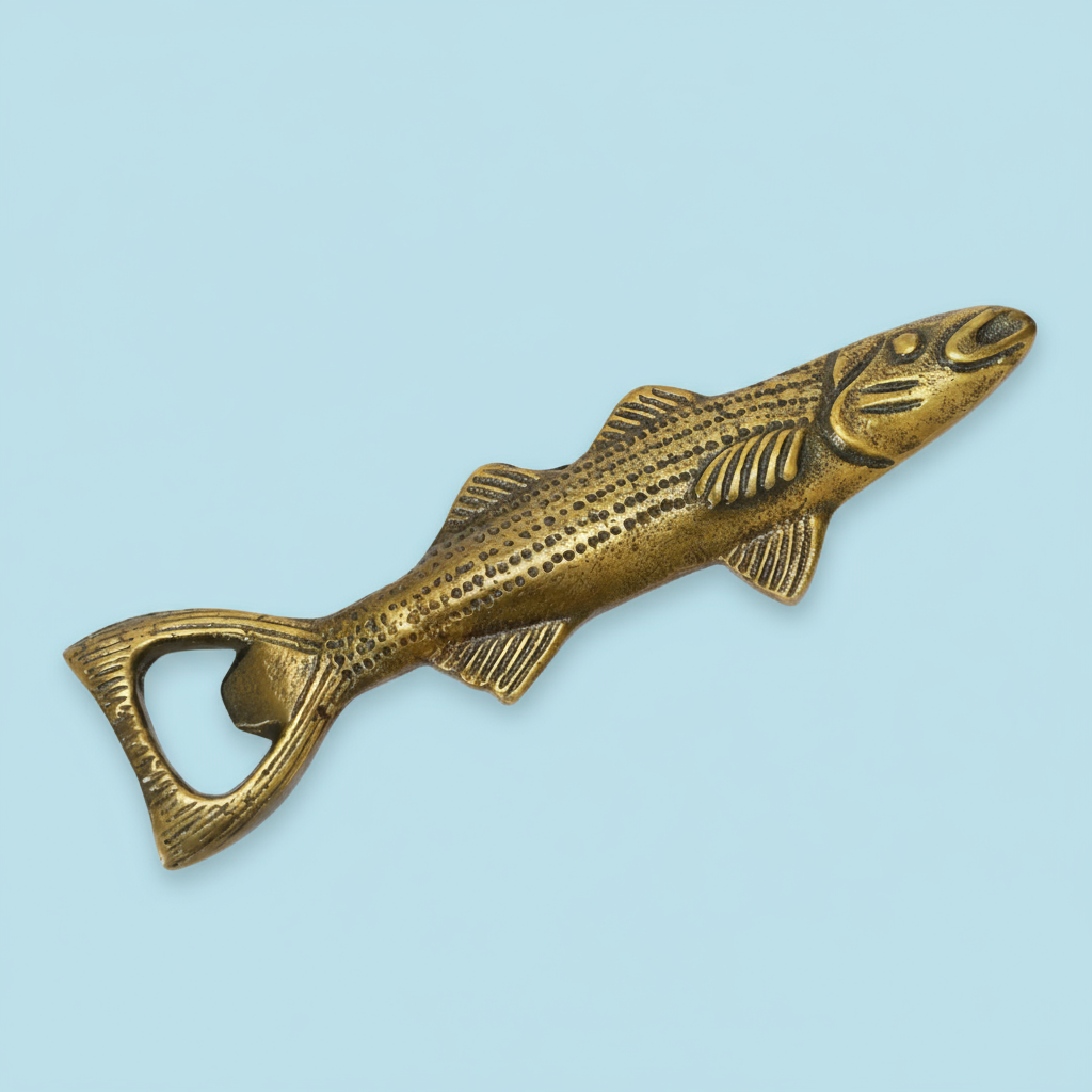 Bronze fish-shaped bottle opener on a white background