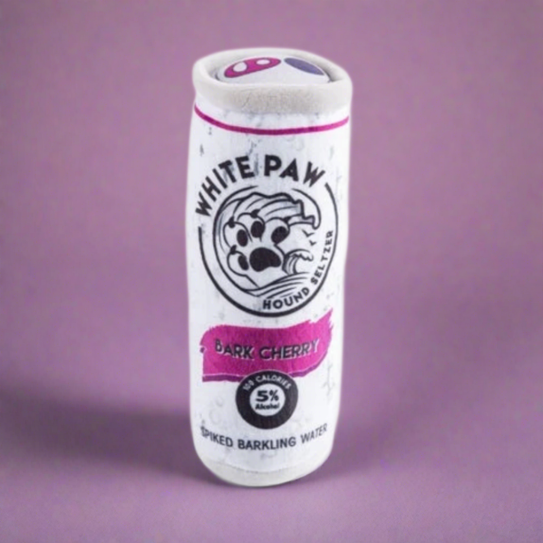 Plush dog toy designed like a fizzy drink can, featuring a soft exterior and hidden squeaker, ideal for playful pups who enjoy fun, quirky toys.
