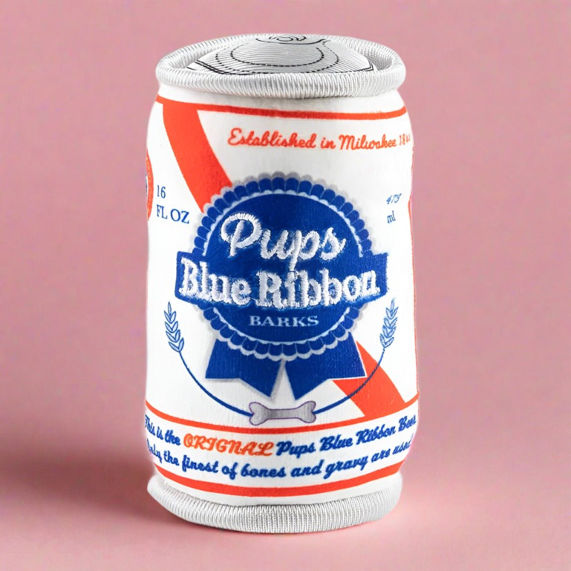 Plush dog toy designed to resemble a beer bottle, with a soft exterior and hidden squeaker, perfect for playful pups who enjoy fun and engaging playtime.