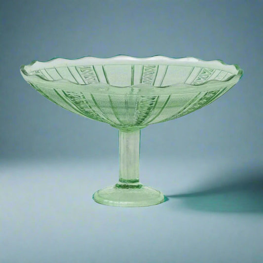 Vintage green glass bowl with intricate pressed patterns, ideal for serving or as a decorative accent, adding a touch of elegance and color to any table.