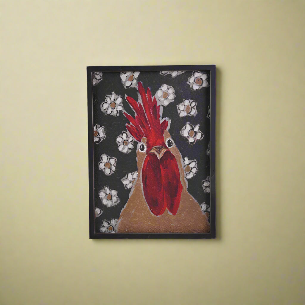 Framed wall art featuring an animal illustration against a patterned background, encased in a rustic wood frame."