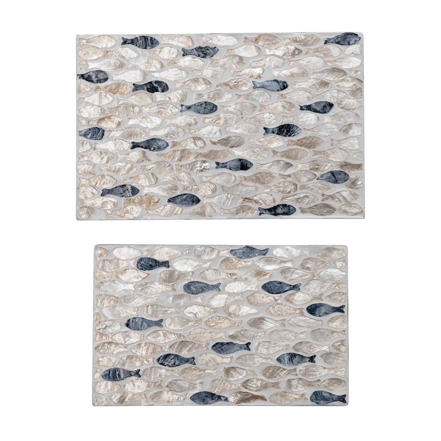 Two rectangular mats with fish pattern on a white background