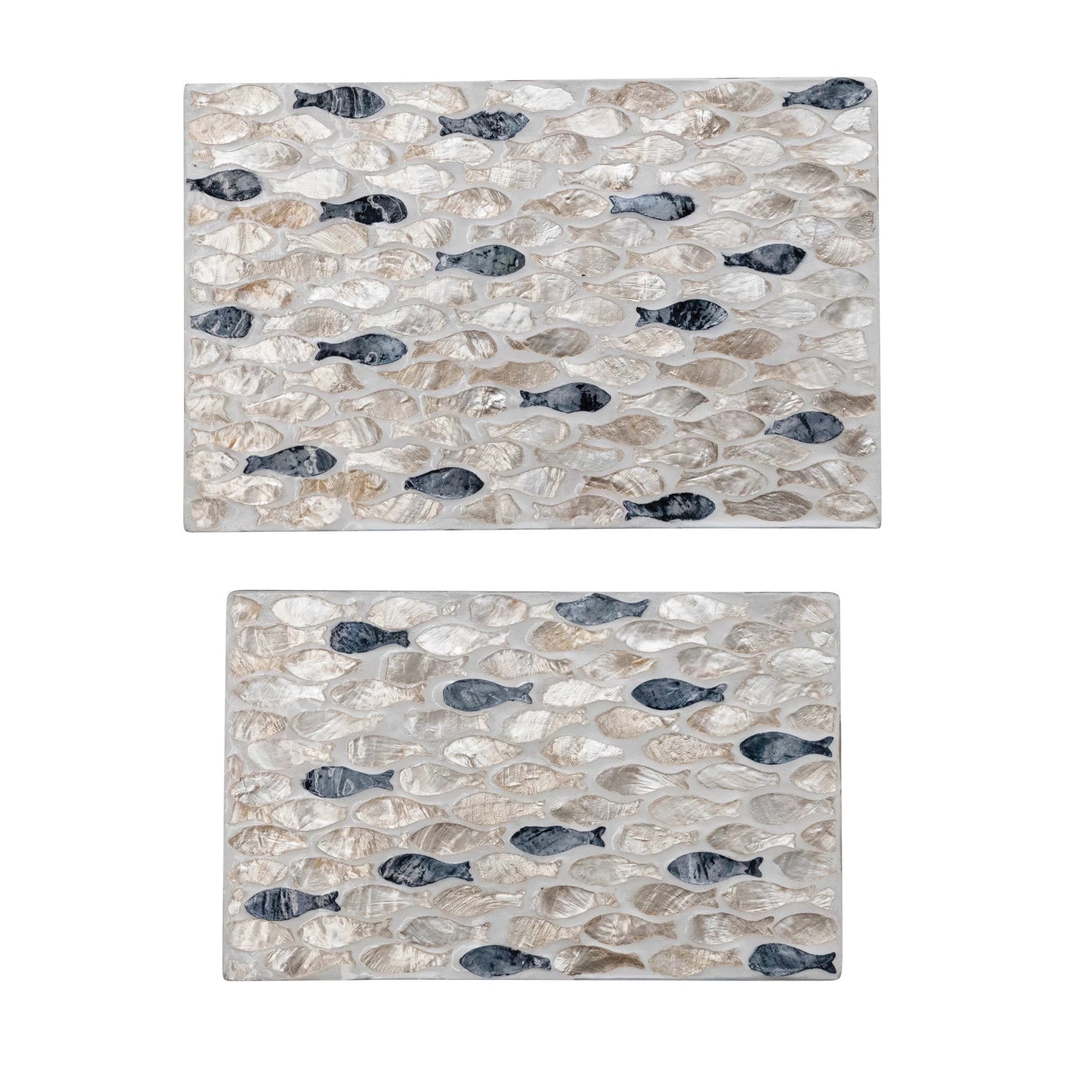 Two rectangular mats with fish pattern on a white background