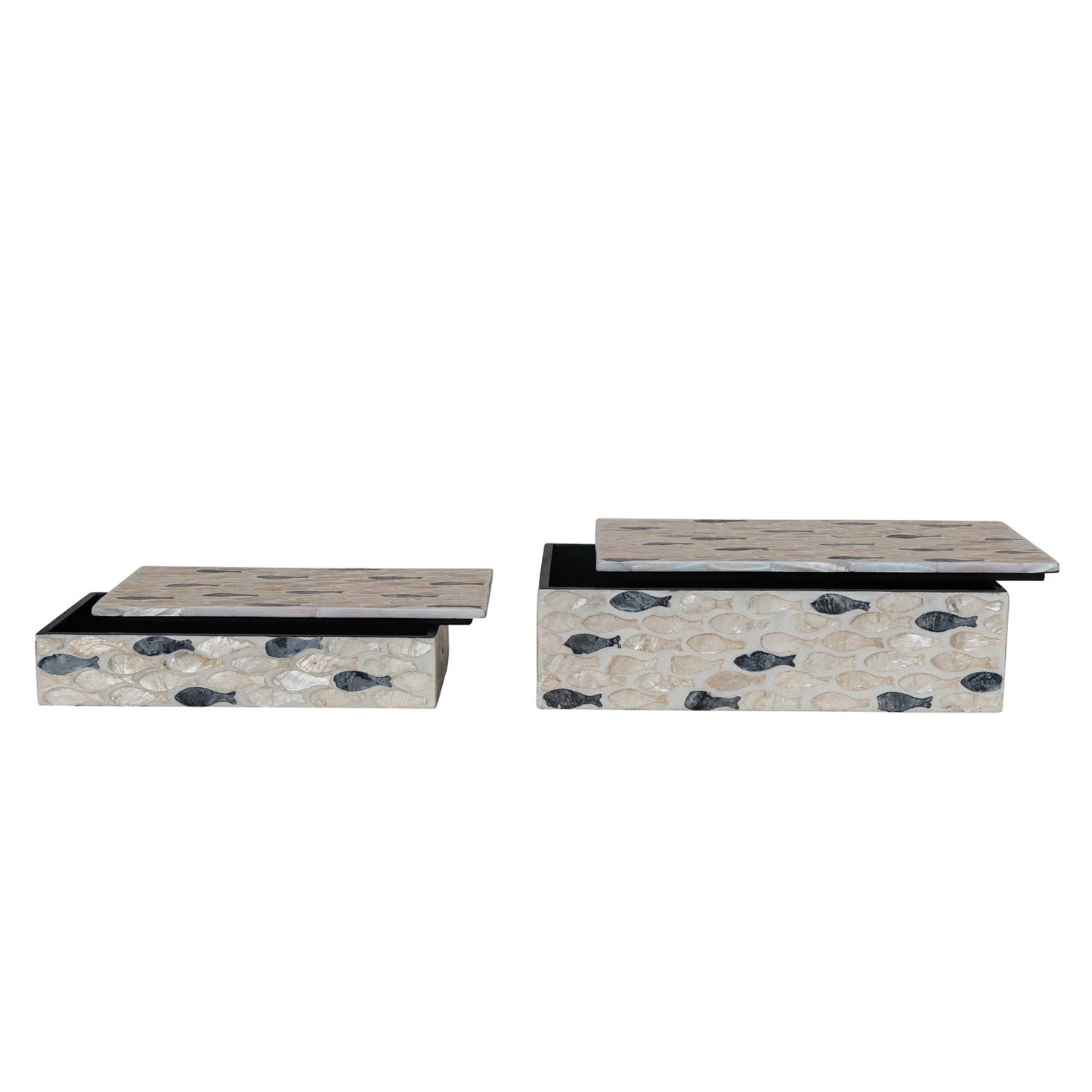 Two decorative boxes with fish patterns on a white background