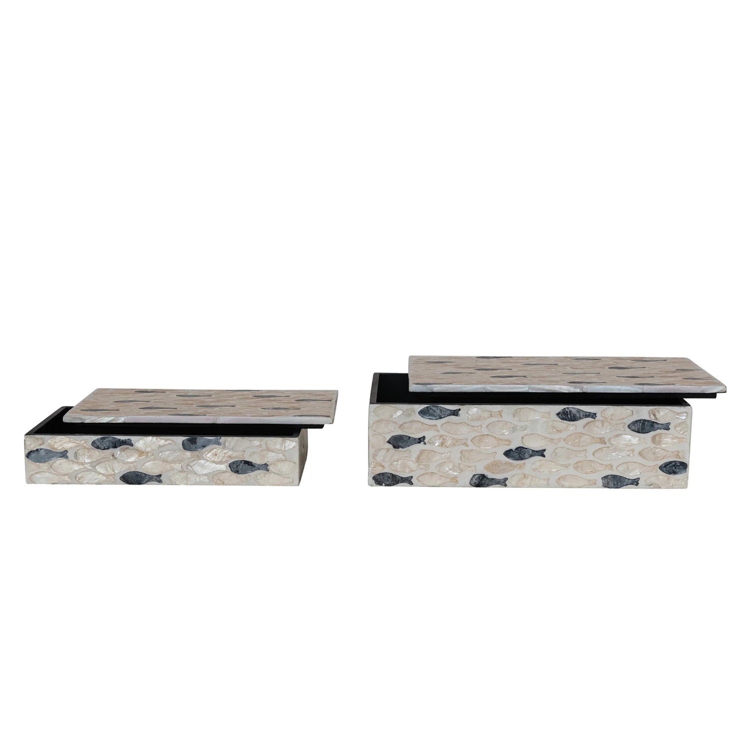 Two decorative boxes with fish patterns on a white background