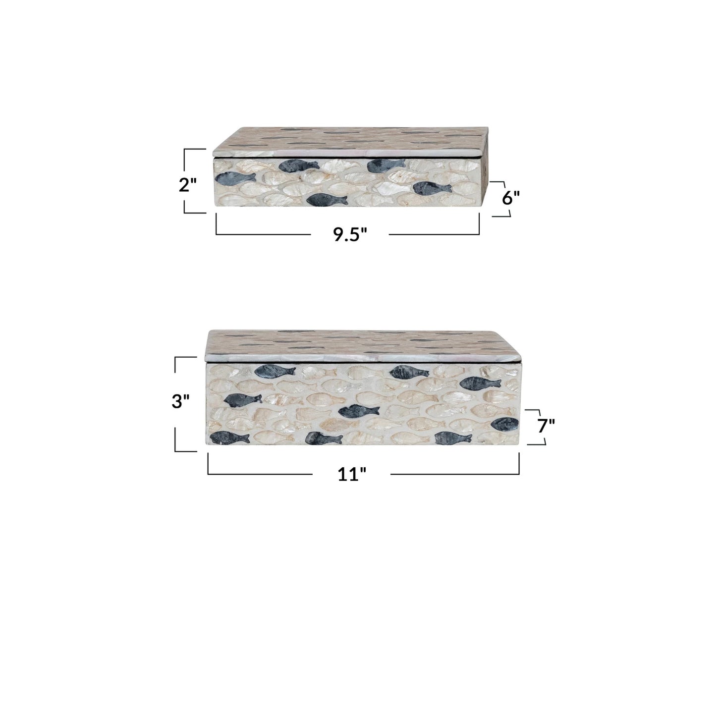Wooden box with fish pattern and measurements on a white background