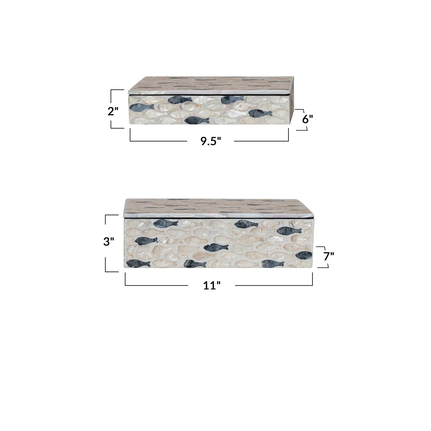 Wooden box with fish pattern and measurements on a white background