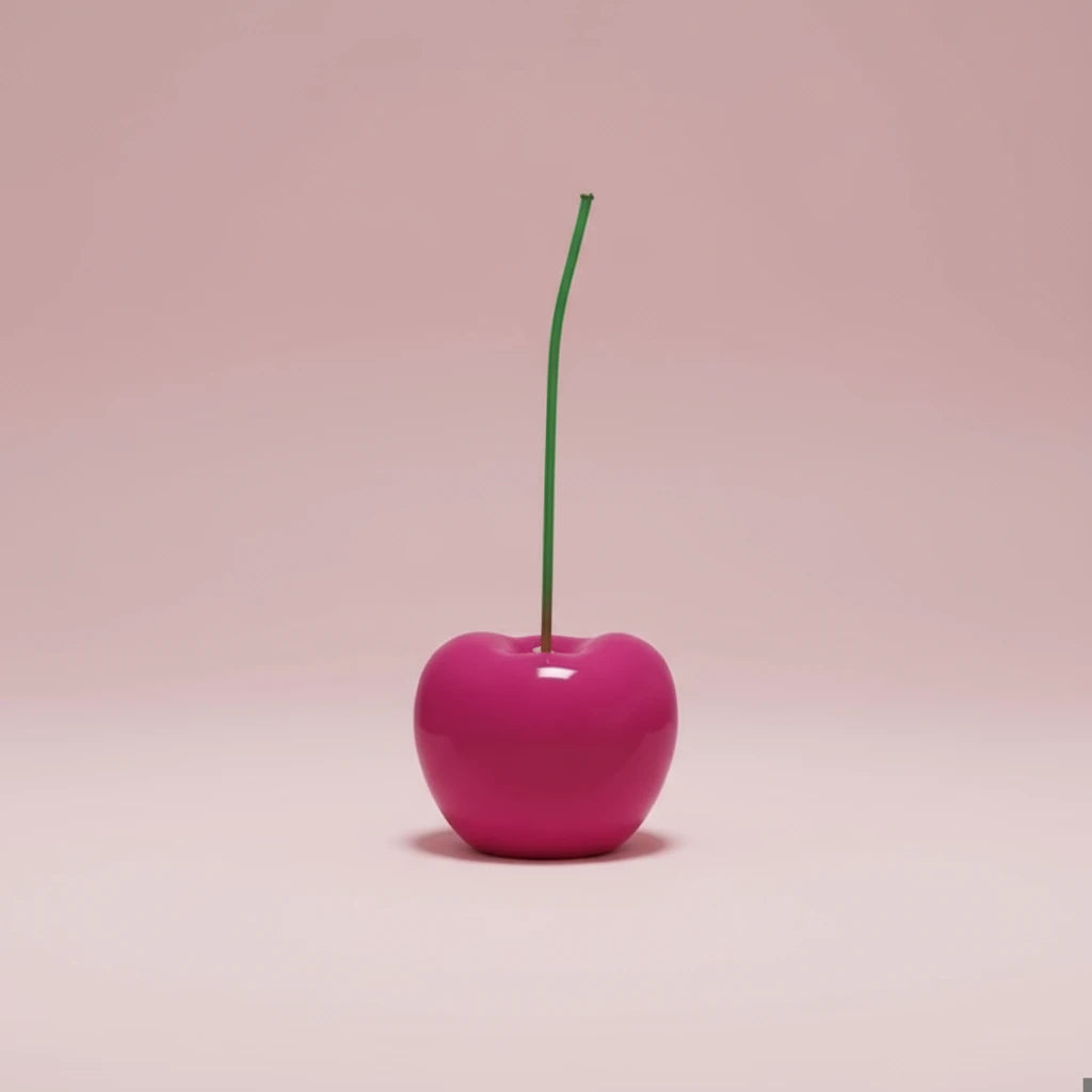 Pink cherry with a green stem on a white background