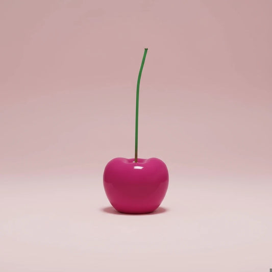 Pink cherry with a green stem on a white background