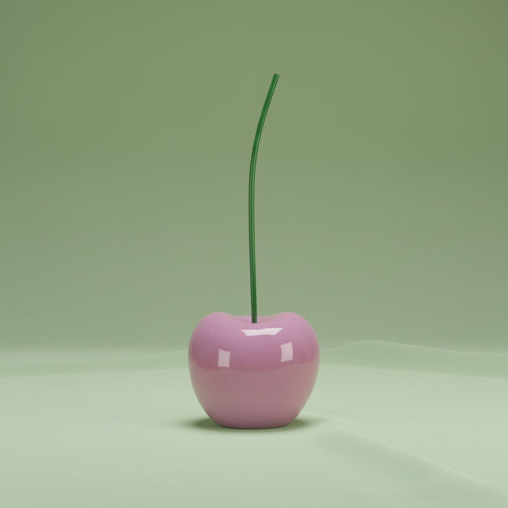 Pink cherry with a green stem on a white background