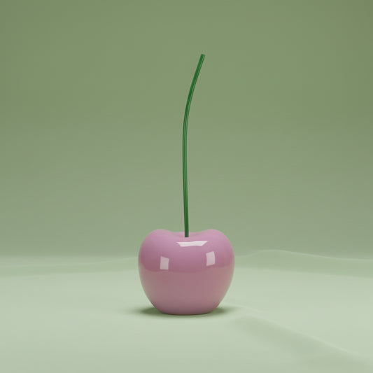 Pink cherry with a green stem on a white background