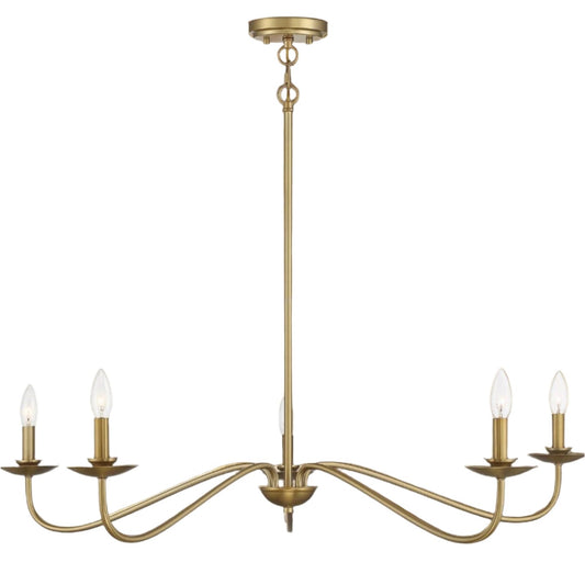Brass Wave Luxe Chandelier, 42x7 inches, featuring sweeping arms and a natural brass finish. Accommodates five candelabra bulbs, offering modern luxury and adjustable height for any room.