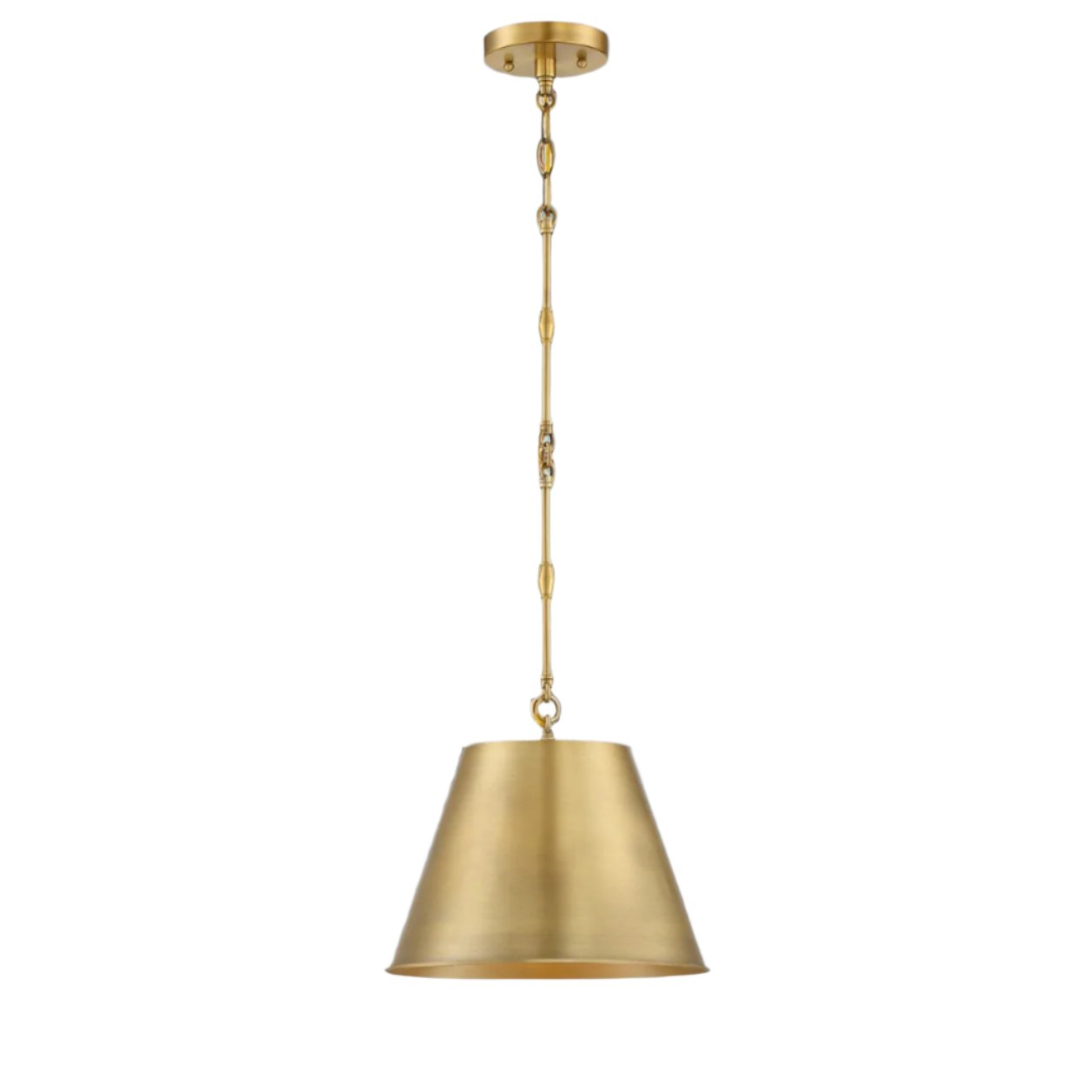Golden Glow Pendant featuring a warm brass finish and opaque shade, measuring 12x12 inches with an 8.5-inch height. Designed with a chain-hung setup for adjustable height and suitable for sloped ceilings, this pendant provides focused lighting and timeless sophistication, ideal for diverse spaces and decor styles.
