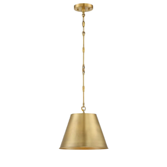 Golden Glow Pendant featuring a warm brass finish and opaque shade, measuring 12x12 inches with an 8.5-inch height. Designed with a chain-hung setup for adjustable height and suitable for sloped ceilings, this pendant provides focused lighting and timeless sophistication, ideal for diverse spaces and decor styles.