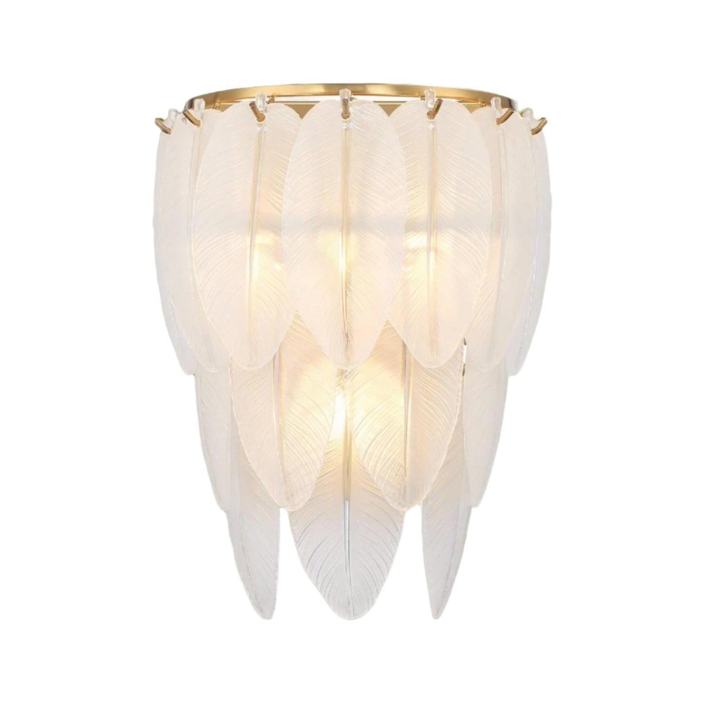 Hollywood Feather Sconce from the Boa Collection, 10.5x14 inches, with frosted glass feathers and Warm Brass finish. Accommodates three E12 bulbs, adding a touch of Old Hollywood charm and modern sophistication to any room.