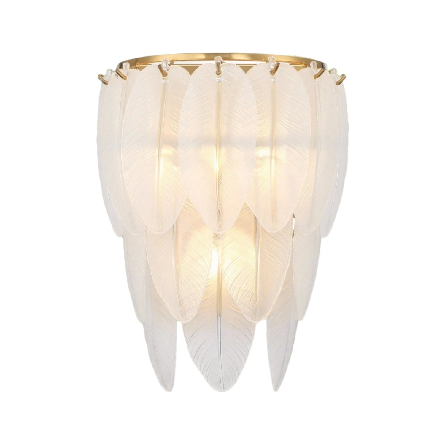 Hollywood Feather Sconce from the Boa Collection, 10.5x14 inches, with frosted glass feathers and Warm Brass finish. Accommodates three E12 bulbs, adding a touch of Old Hollywood charm and modern sophistication to any room.