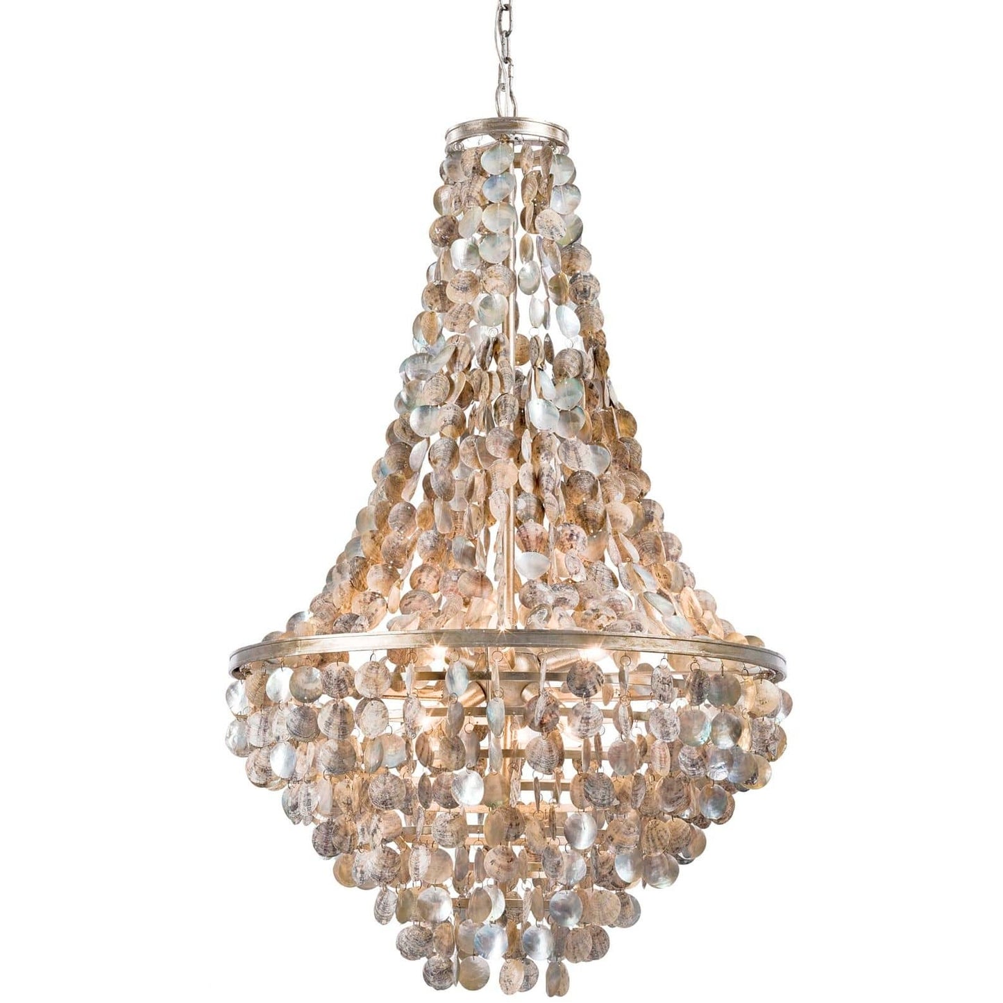 Capiz shell chandelier with layered, coastal-inspired design and a silver-gold frame—glowing, textured, and effortlessly chic.