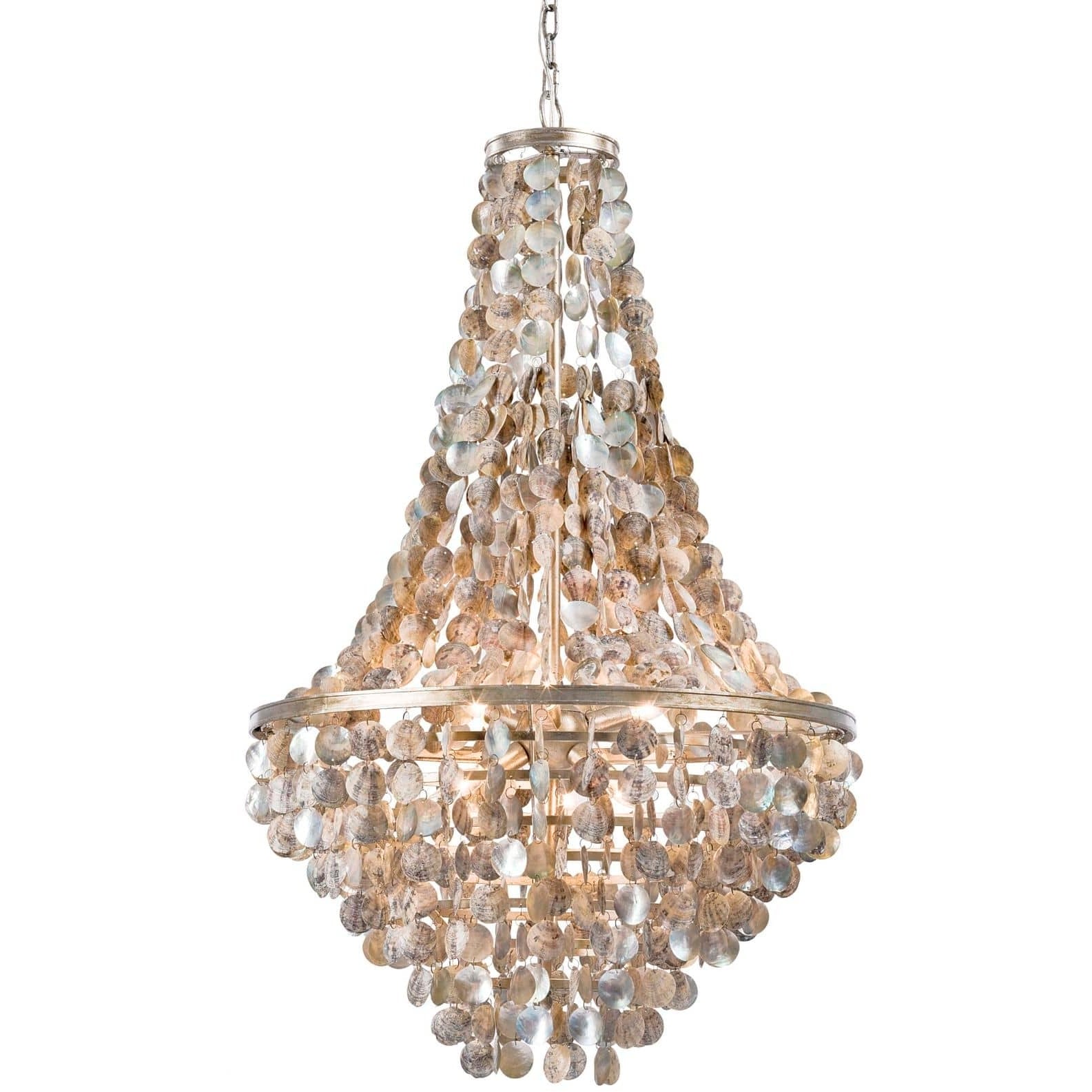 Capiz shell chandelier with layered, coastal-inspired design and a silver-gold frame—glowing, textured, and effortlessly chic.
