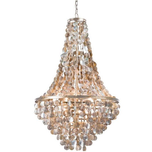 Capiz shell chandelier with layered, coastal-inspired design and a silver-gold frame—glowing, textured, and effortlessly chic.