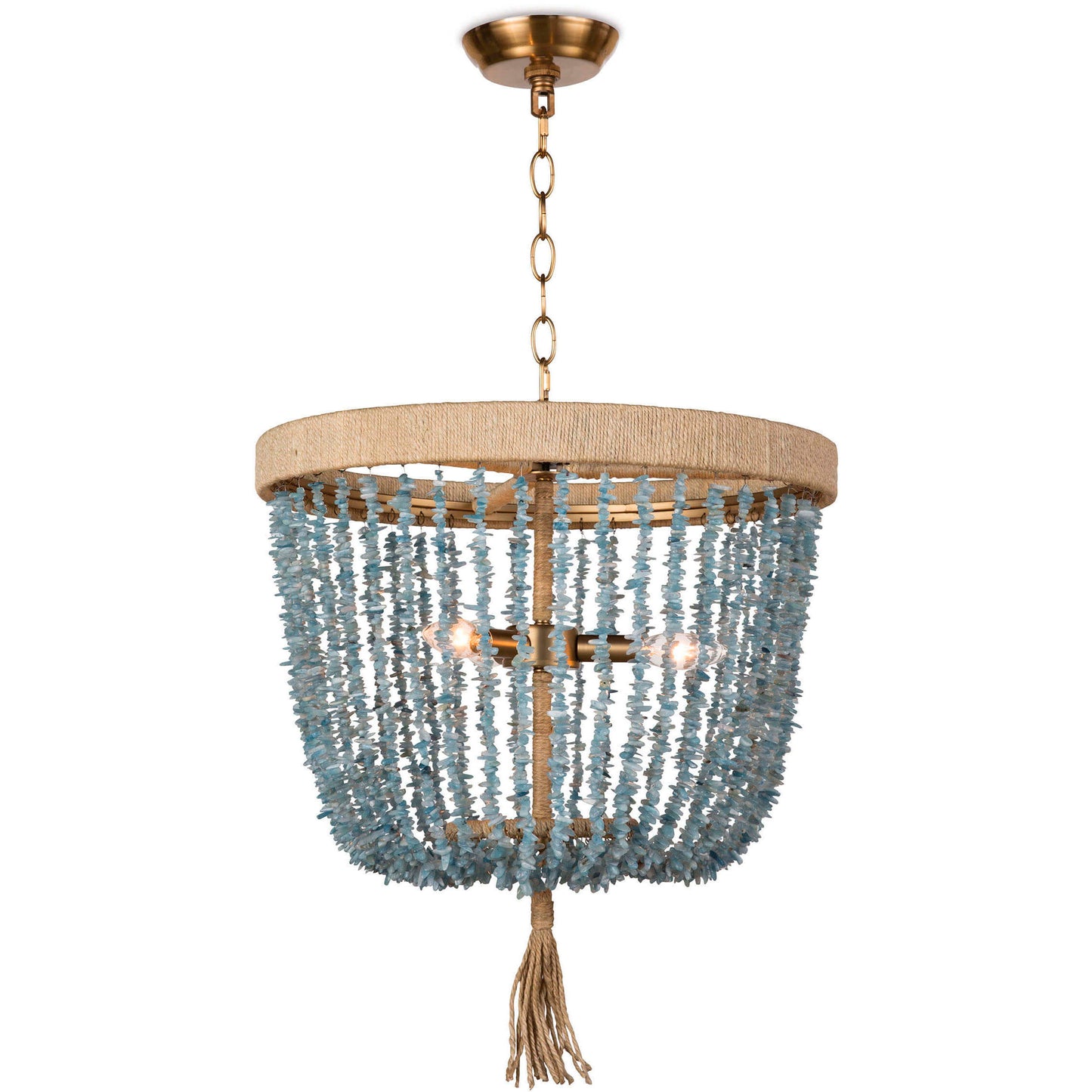 Woven aqua raffia pendant light with warm brass hardware, styled in a breezy drum shape for a soft coastal glow.