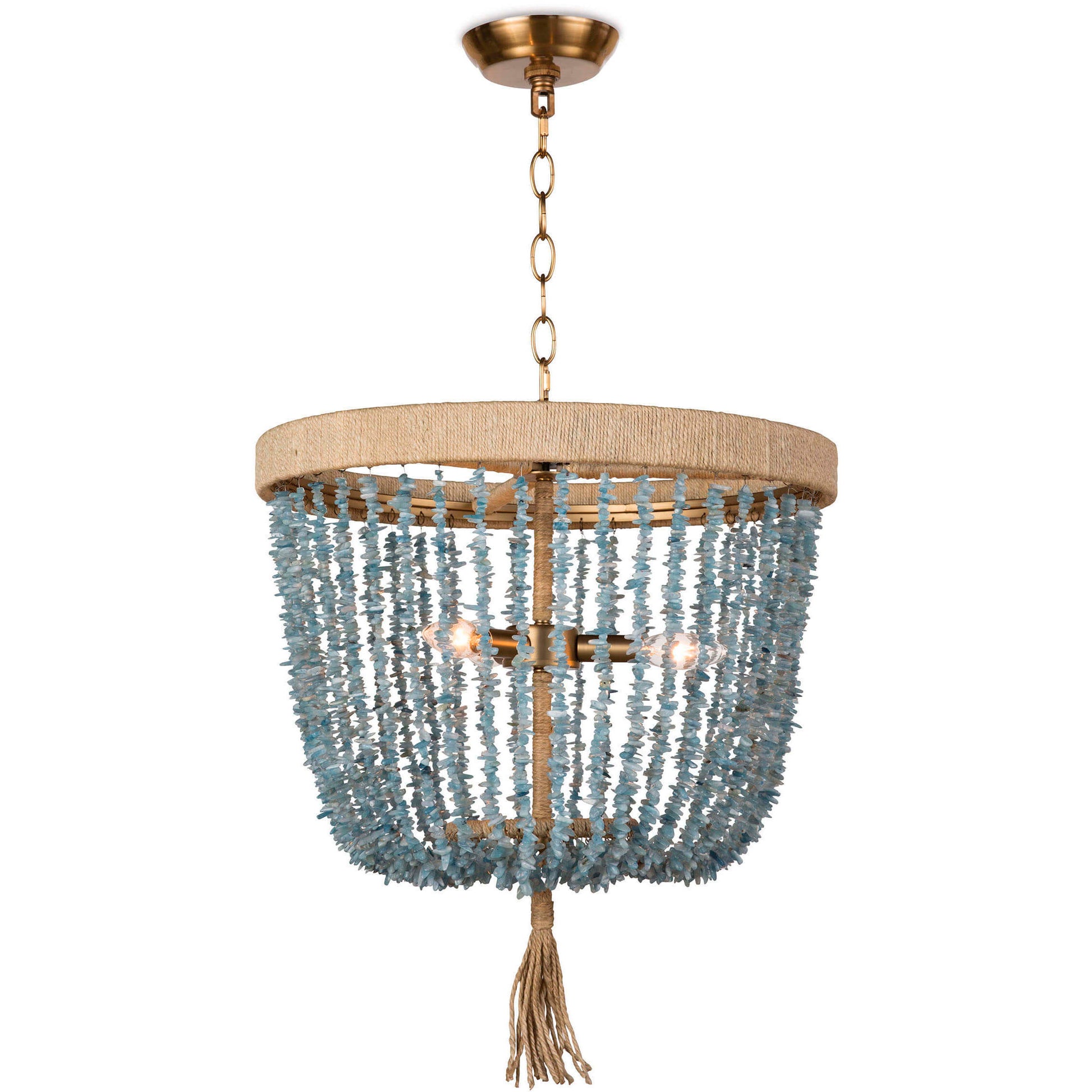 Woven aqua raffia pendant light with warm brass hardware, styled in a breezy drum shape for a soft coastal glow.