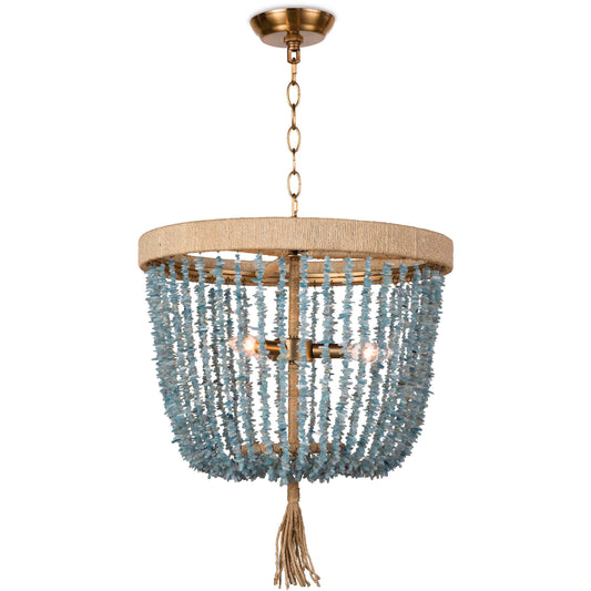 Woven aqua raffia pendant light with warm brass hardware, styled in a breezy drum shape for a soft coastal glow.