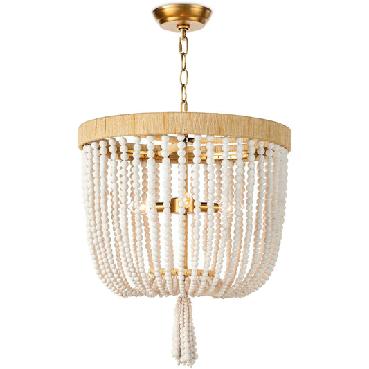 White wooden bead chandelier with jute-wrapped frame and layered design, evoking relaxed coastal charm.

