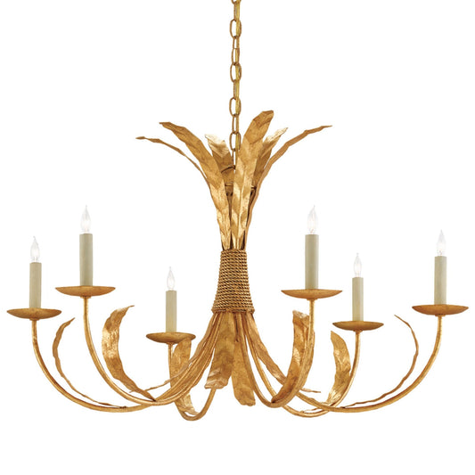 Aged brass chandelier with six white fabric shades, styled with modern curves and timeless warmth.