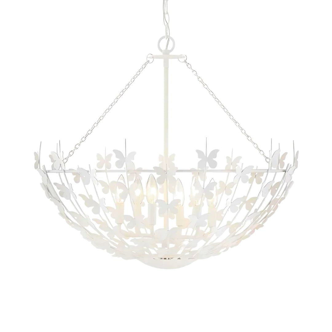 A white pendant light featuring a bowl-shaped structure with delicate metal butterflies in a bisque white finish, hanging from a chain.