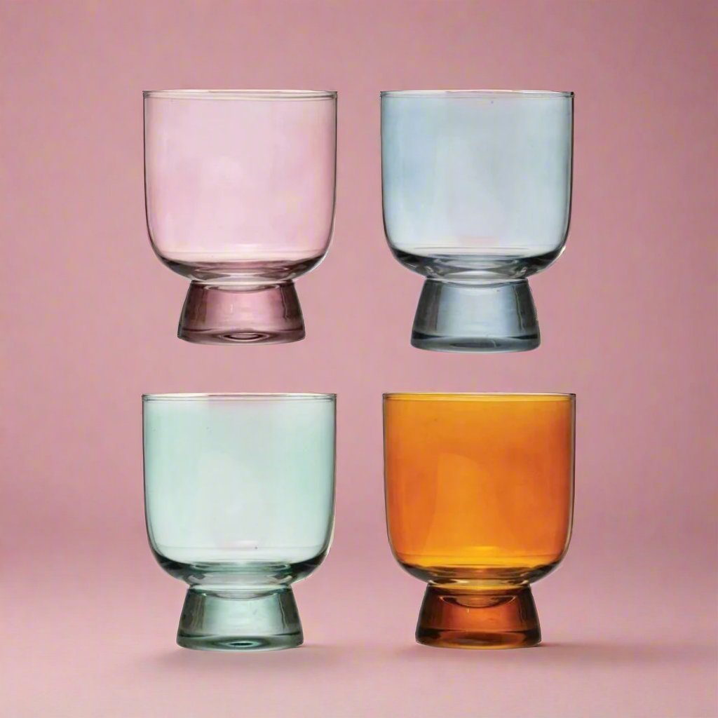 Acollectionofcolorfuldrinkingglassesinvariousshades_designedtoaddalivelyandplayfultouchtoanydiningtableorkitchen.