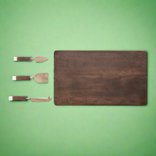 Artisan Cheese/Cutting Board and Cheese Knives Set featuring a premium wood board with a natural finish and a set of four specialized cheese knives with stainless steel blades and ergonomic handles, ideal for elegant cheese presentation and serving.