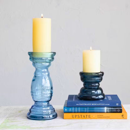 Bluecandleholdermadefromrecycledglass_featuringauniquetextureanddeephue_idealforaddingasustainableandstylishaccenttoanylivingspace.copy
