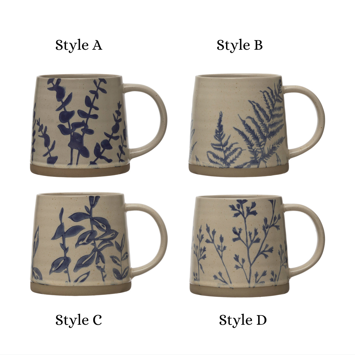 Handstamped Botanical Stoneware Mugs