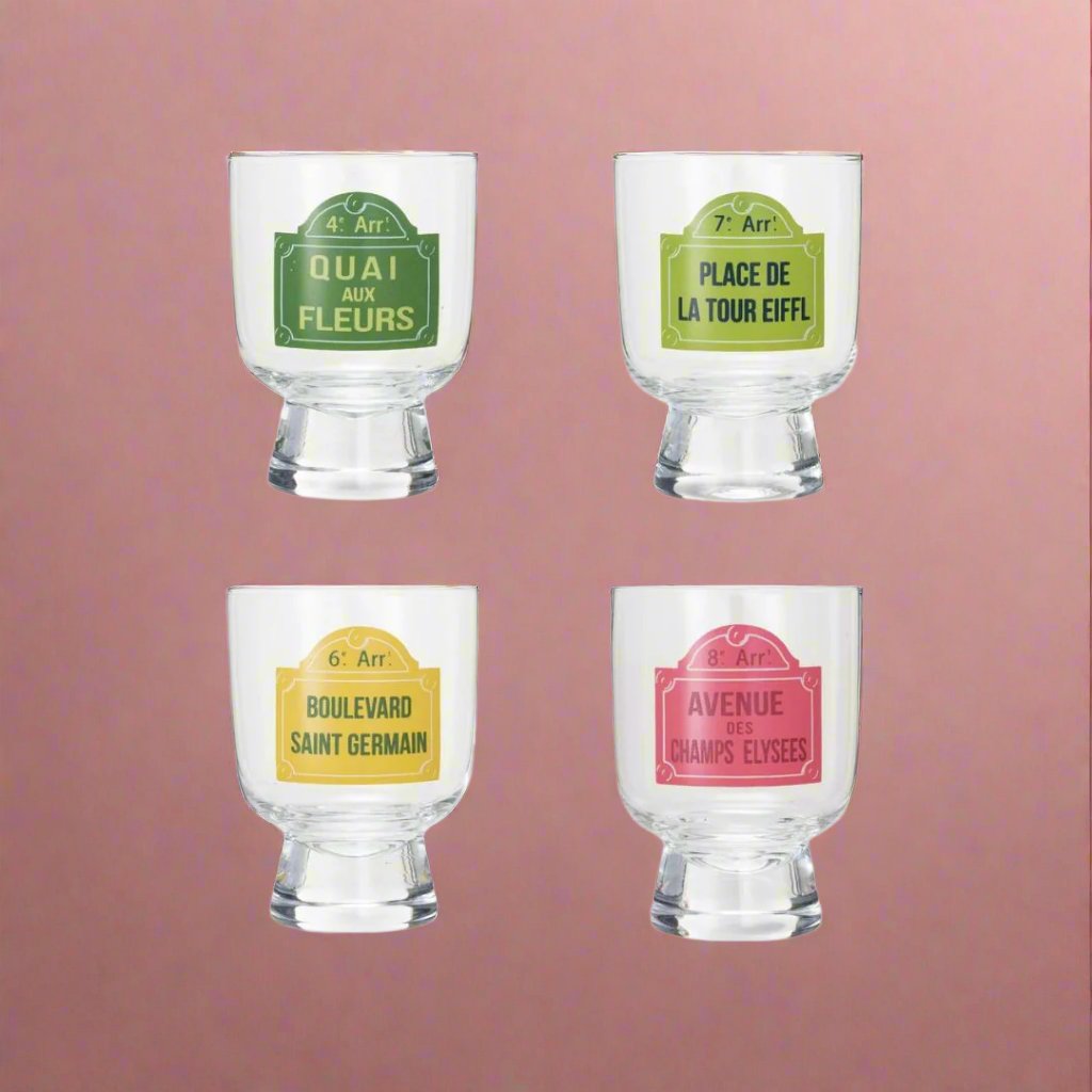 Clear6ozdrinkingglasseswithvintageParisstreetsigndesigns_availableinfourdifferentstyles_addingatouchofFrenchcharmtoanytablesetting.