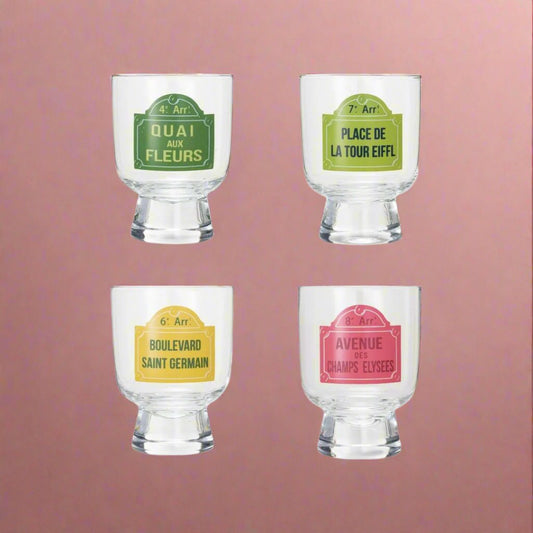 Clear6ozdrinkingglasseswithvintageParisstreetsigndesigns_availableinfourdifferentstyles_addingatouchofFrenchcharmtoanytablesetting.