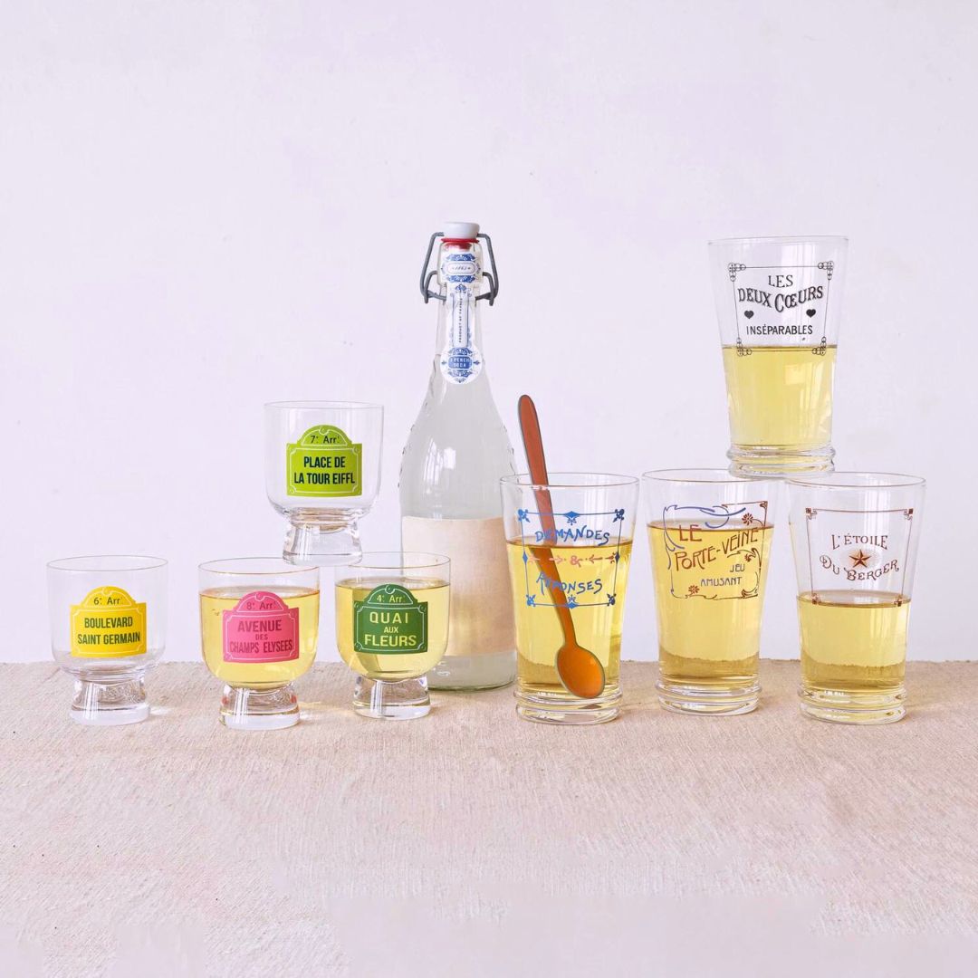 Clear6ozdrinkingglasseswithvintageParisstreetsigndesigns_availableinfourdifferentstyles_addingatouchofFrenchcharmtoanytablesetting.