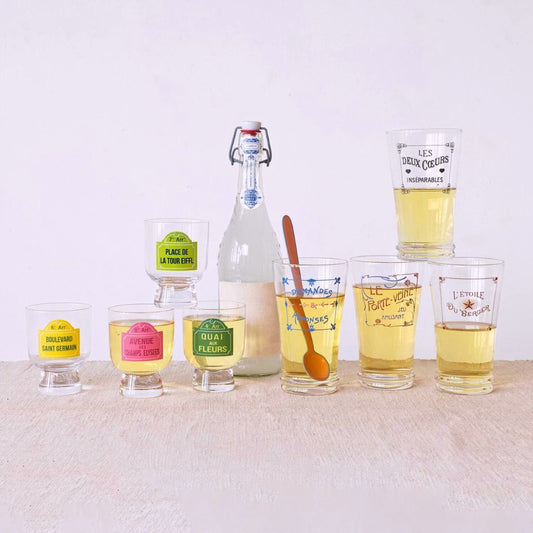 Clear6ozdrinkingglasseswithvintageParisstreetsigndesigns_availableinfourdifferentstyles_addingatouchofFrenchcharmtoanytablesetting.