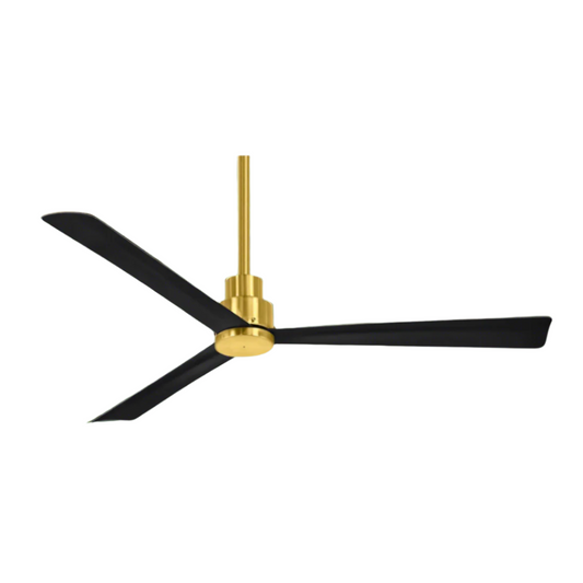 Coal Breeze 52-Inch Ceiling Fan in sleek coal finish with soft brass accents. Features three blades, a 6231 CFM airflow rating, and includes a 6-inch downrod and remote control. Designed for medium to large rooms with Energy Star compliance for energy efficiency. Ideal for enhancing comfort and style in living rooms, bedrooms, and home offices