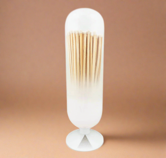Hand-blown White Cloud Match Cloche with 120 matchsticks, featuring a strike-on-bottle flint and a rustic cork stopper, combining practicality with elegant home decor appeal.