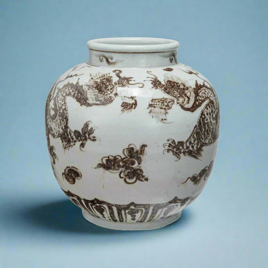 Hand-painted brown and white vase featuring an intricate dragon design, standing on a shelf as a striking decor piece