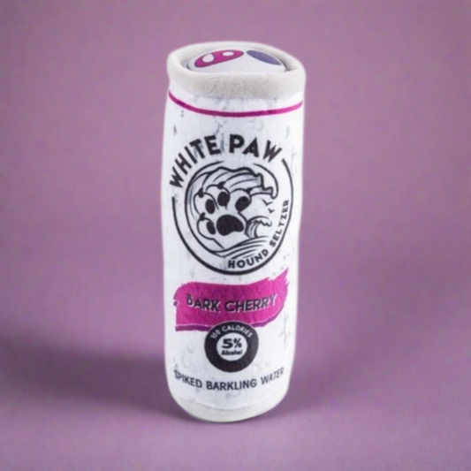 Plush dog toy designed like a fizzy drink can, featuring a soft exterior and hidden squeaker, ideal for playful pups who enjoy fun, quirky toys.