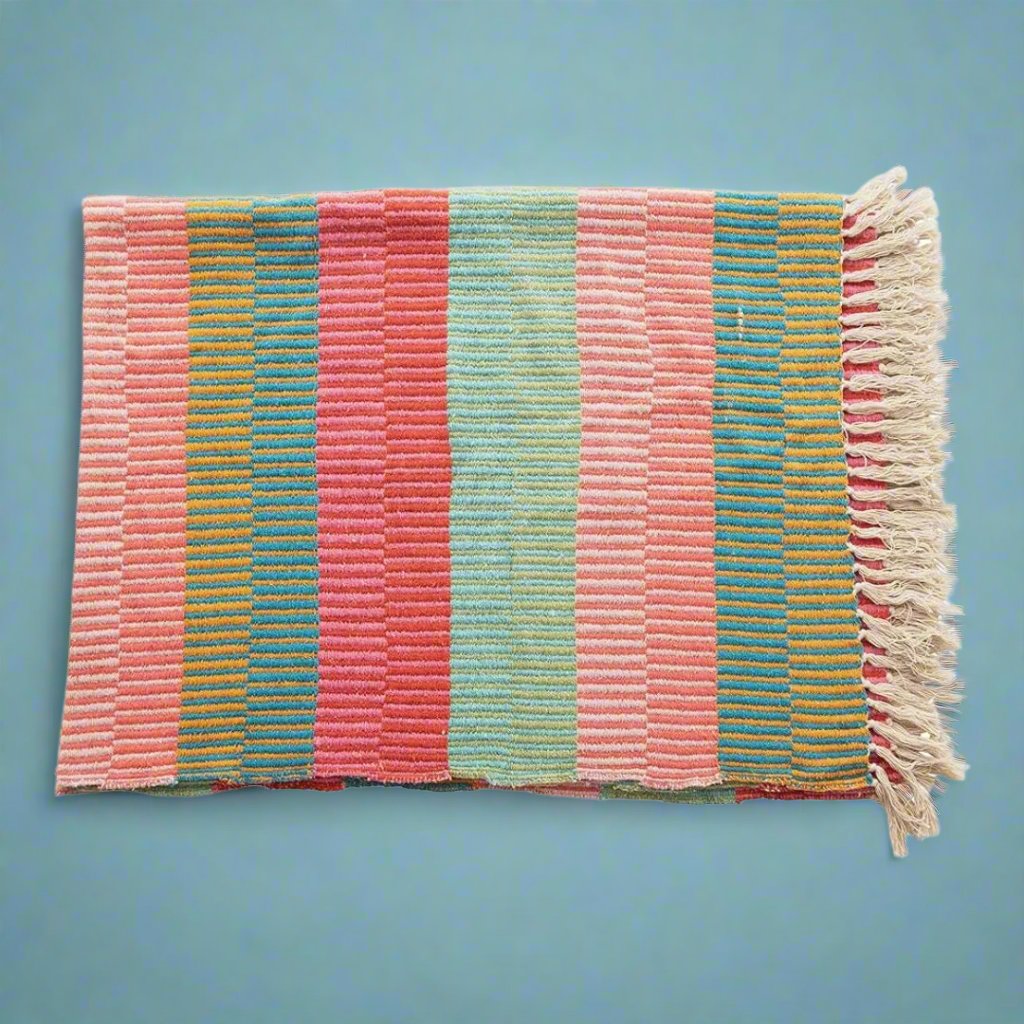 RecycledCottonBlendStripedThrowwithTasselsMultiColoredColorfulFunQuirkyMaximalismCoastalHomeDecor