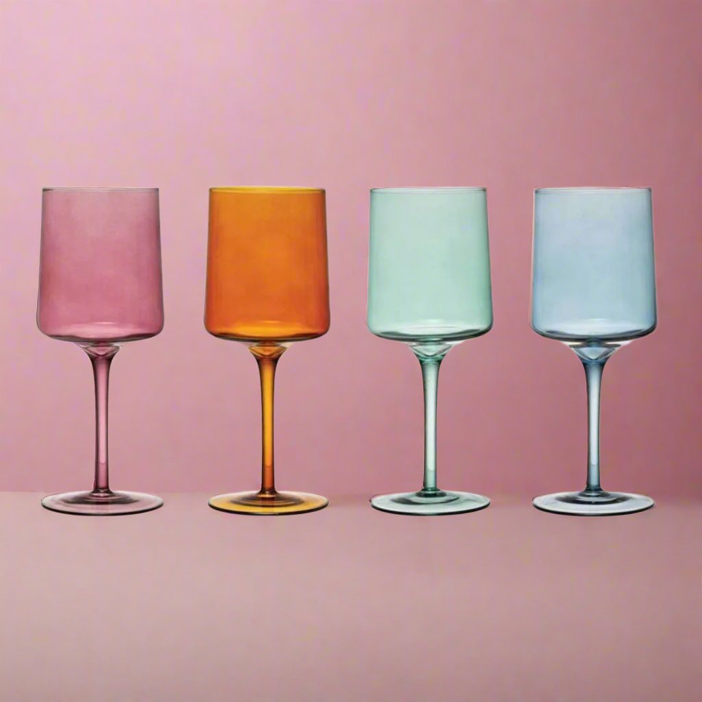 Setofcolorfulstemmedwineglasses_14ozeach_designedtoaddavibrantandplayfultouchtoanywine-tastingordiningexperience.