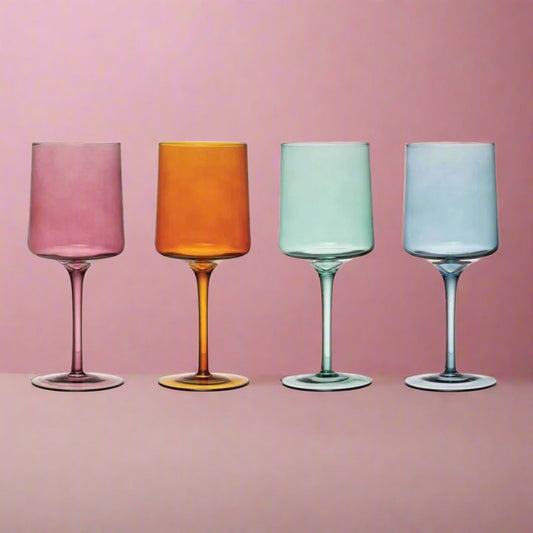 Setofcolorfulstemmedwineglasses_14ozeach_designedtoaddavibrantandplayfultouchtoanywine-tastingordiningexperience.