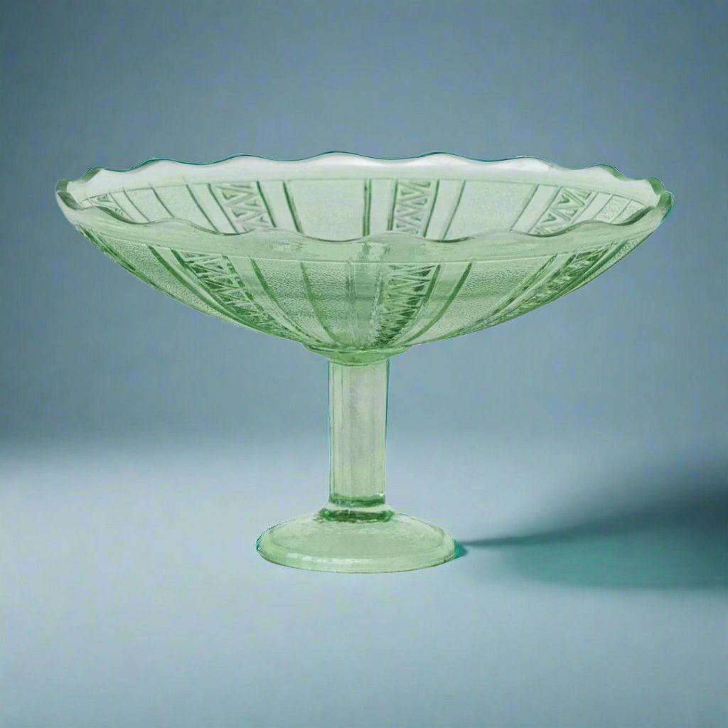 Vintage green glass bowl with intricate pressed patterns, ideal for serving or as a decorative accent, adding a touch of elegance and color to any table.