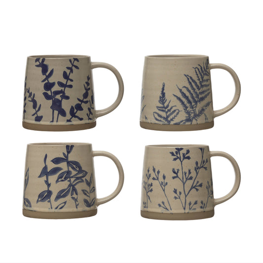 Handstamped Botanical Stoneware Mugs