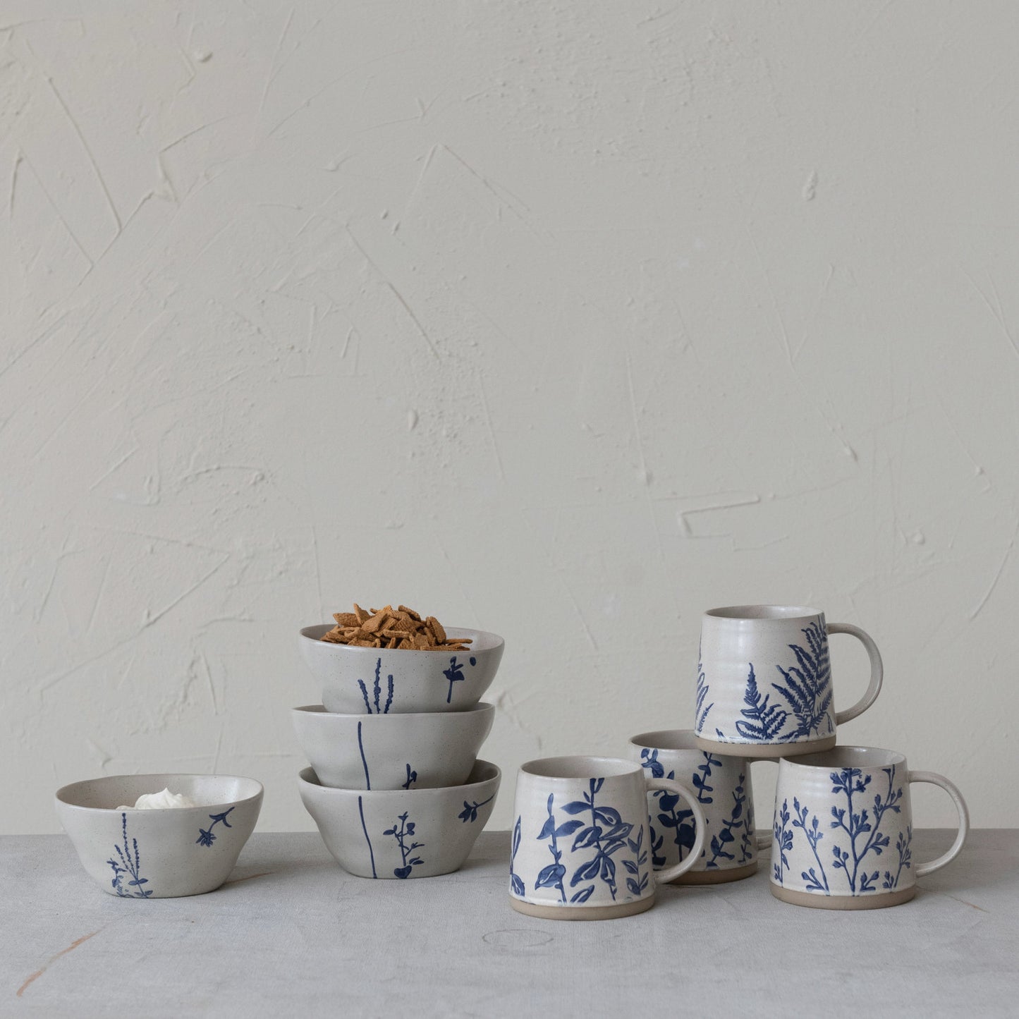 Handstamped Botanical Stoneware Mugs