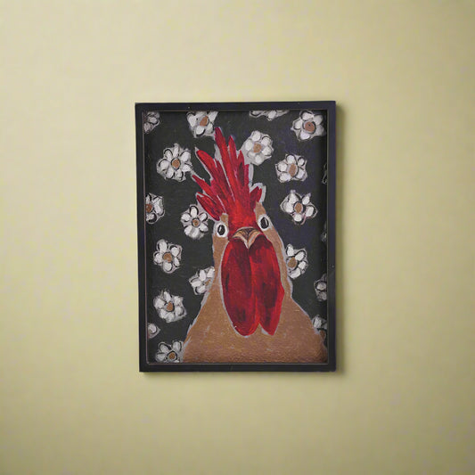 Framed wall art featuring an animal illustration against a patterned background, encased in a rustic wood frame."